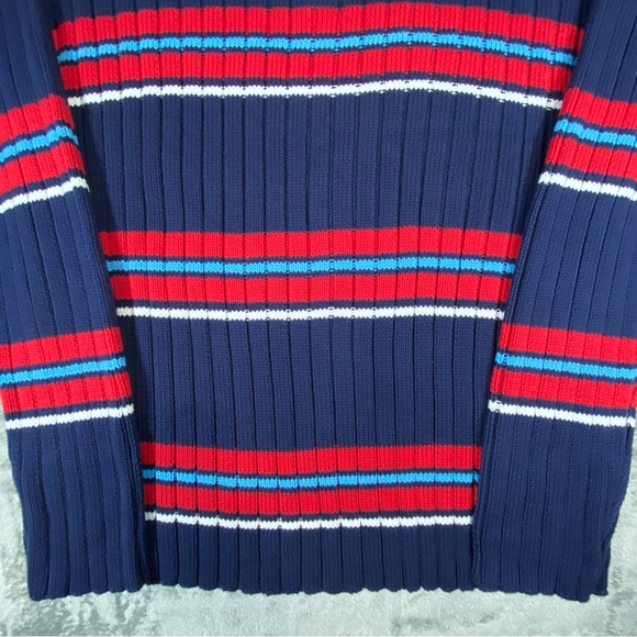 Knit Sweater Men’s Large Chunky Bombardier Key West 1/4 Zip Striped Blue Red - Picture 2 of 13